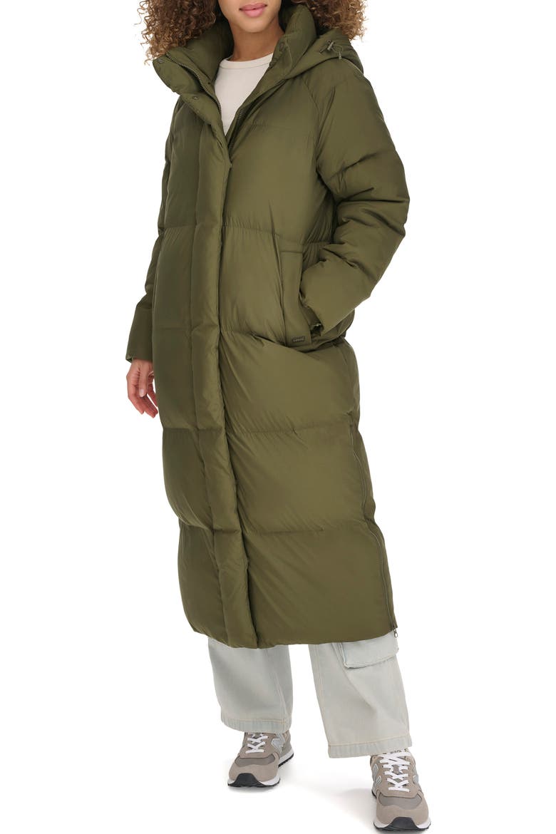 Water Resistant Side Zip Maxi Puffer Coat, Main, color, OLIVE