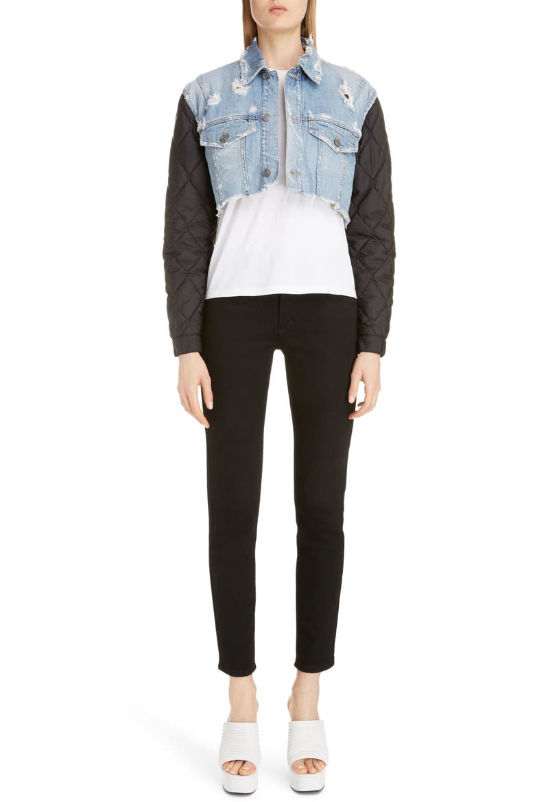 Quilted Sleeve Destroyed Denim Jacket, Alternate, color, BLACK/ LIGHT BLUE
