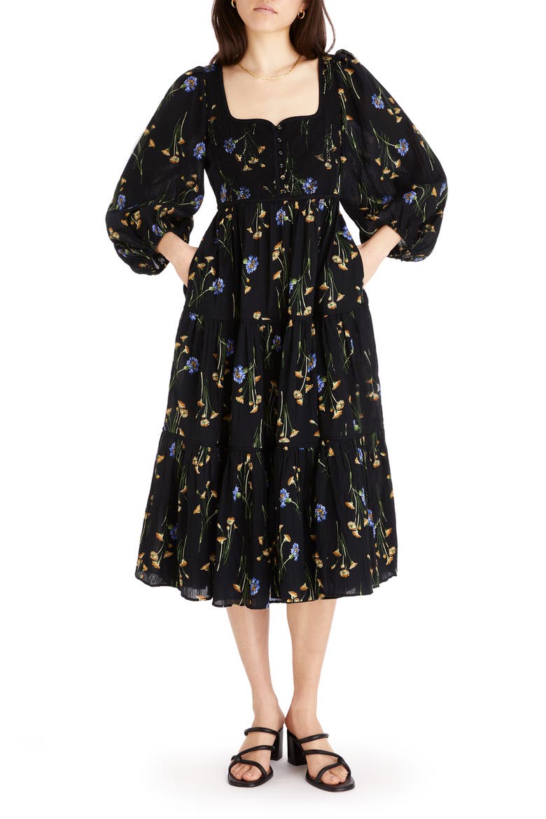 Xiomara Floral Print Long Sleeve Cotton Dress, Main, color, TRUE BLACK