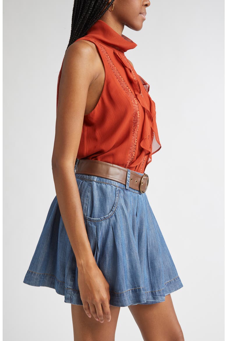 Christing Lace & Ruffle Detail Sleeveless Silk Top, Alternate, color, AMBER