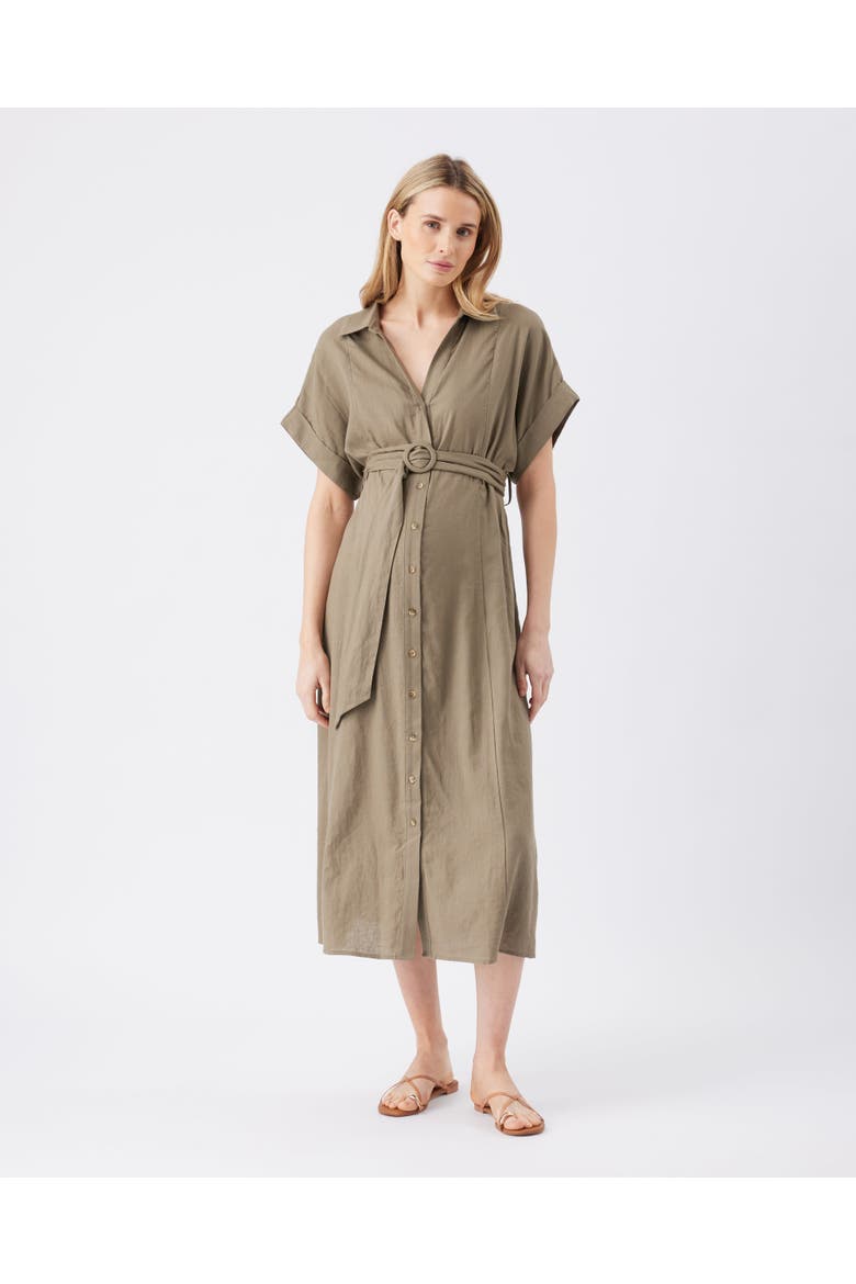 Amy Linen Nursing Shirt Dress, Main, color, Olive