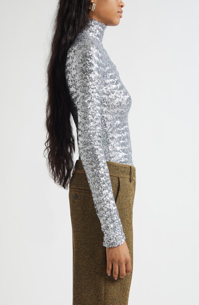 Rabanne Sequin Turtleneck Top, Alternate, color, Silver