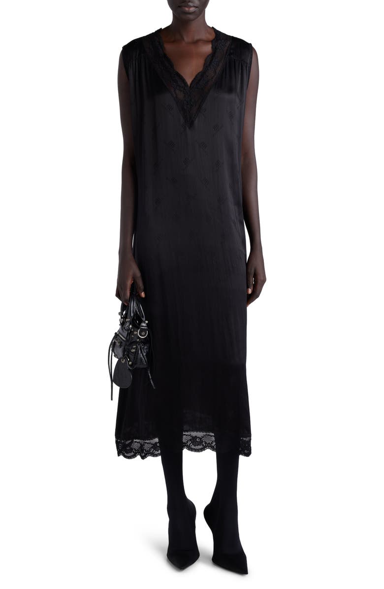 Balenciaga Lace Trim Sleeveless Silk Jacquard Dress, Main, color, 
