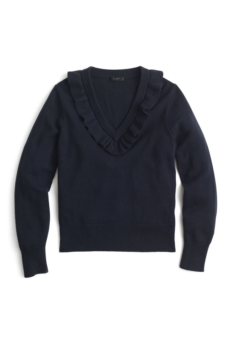 Ruffle V-Neck Sweater, Alternate, color, DEEP NAVY