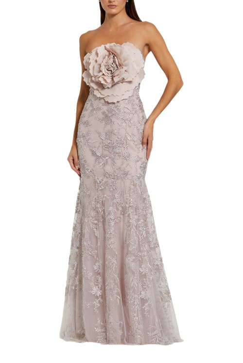 Mac Duggal Strapless Beaded Applique Mermaid Gown With Flower In Gray