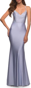 La Femme Jersey Dress with Rhinestone Beaded Top and V Neck