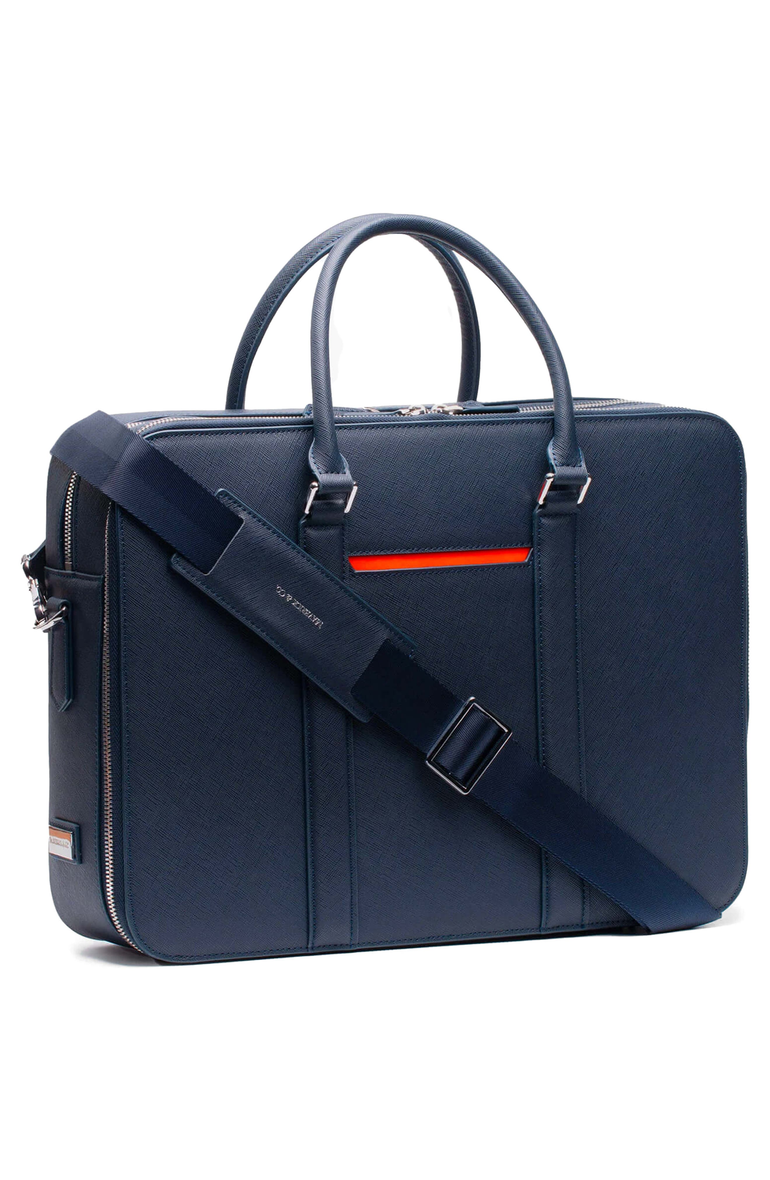 Manhattan Double Zip Leather Briefcase, Alternate, color, NAVY