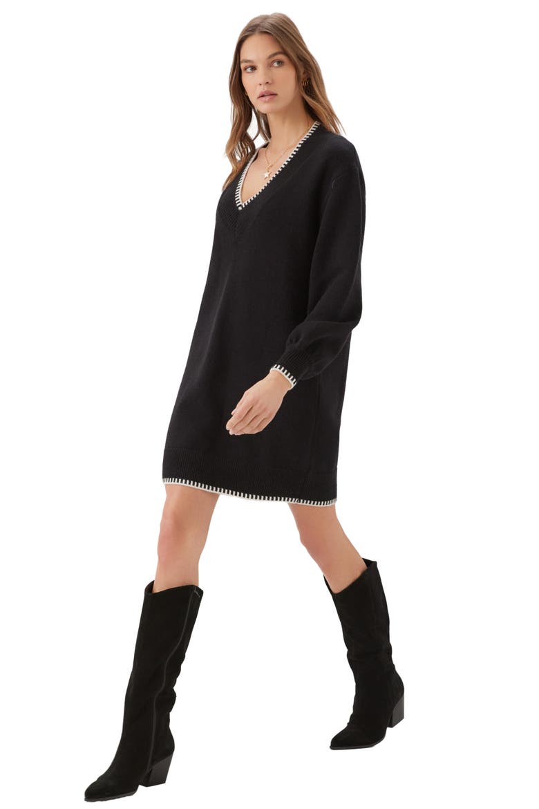 Varsity V-Neck Sweater Dress, Alternate, color, BLACK