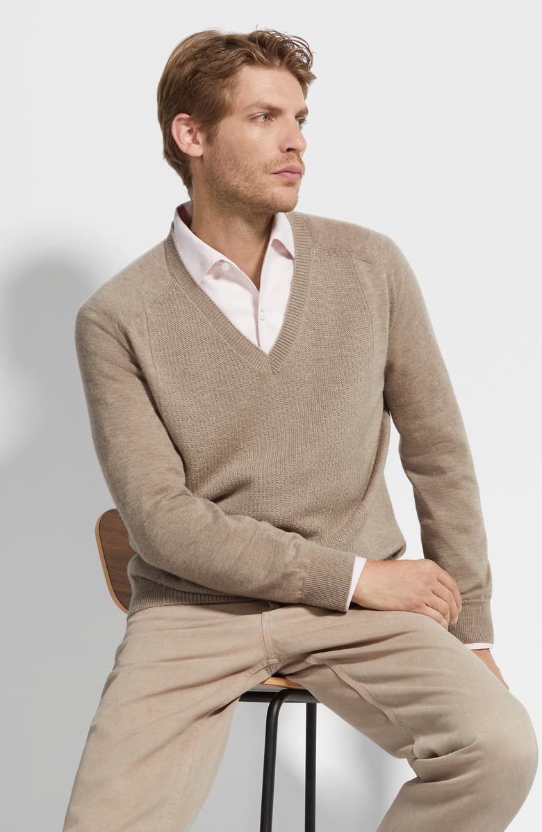 ZEGNA Oasi V-Neck Cashmere Sweater, Alternate, color, Light Taupe