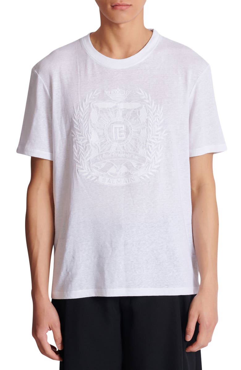 Balmain Écusson Embroidered Linen T-Shirt, Alternate, color, White