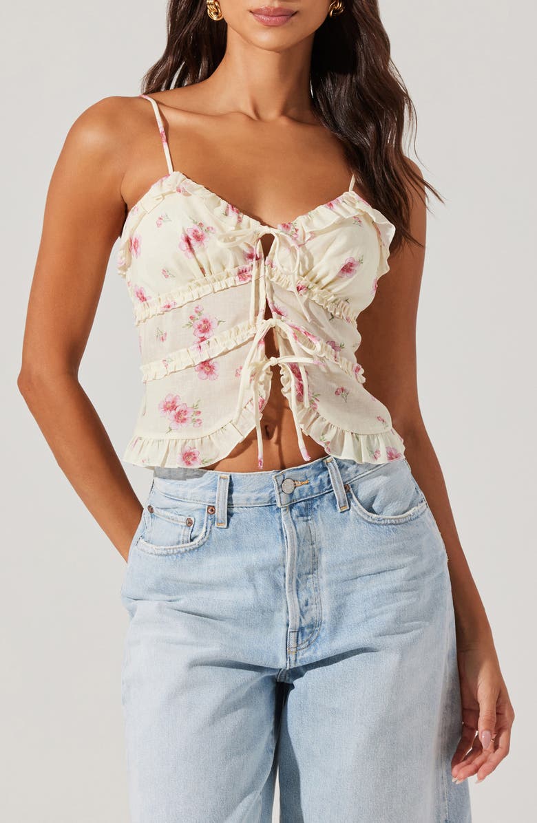 ASTR the Label Islah Floral Ruffle Tie Front Crop Camisole, Main, color, Ivory Pink Floral
