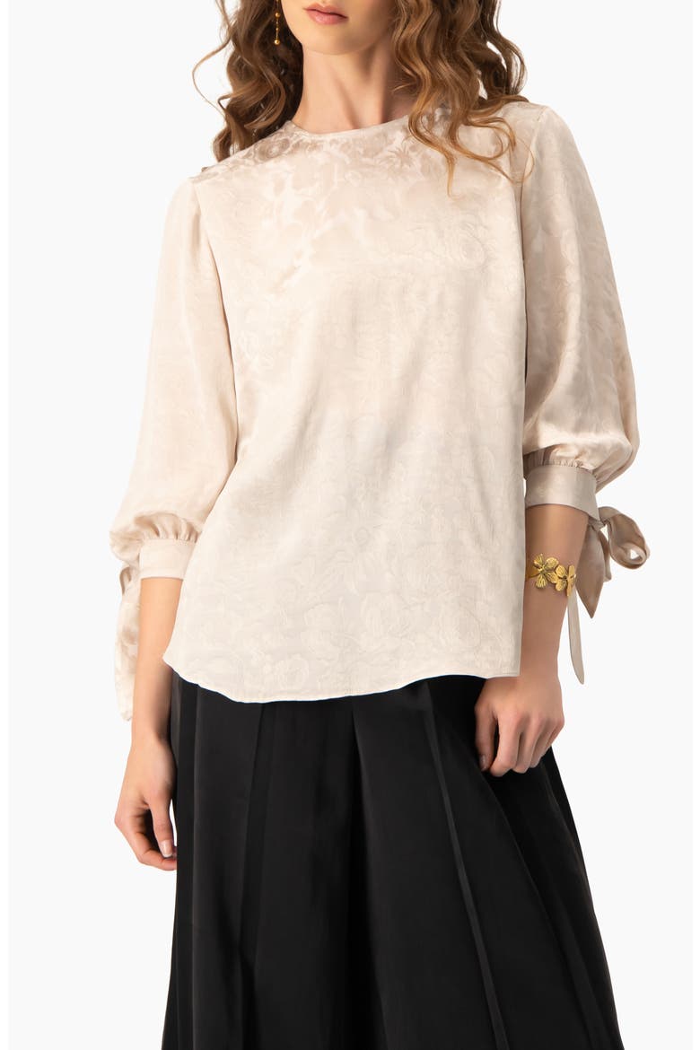 Floral Jacquard Tie-Cuff Blouse with Three-Quarter Sleeve, Main, color, Beige