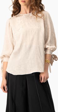 IVONNE Floral Jacquard Tie-Cuff Blouse with Three-Quarter Sleeve