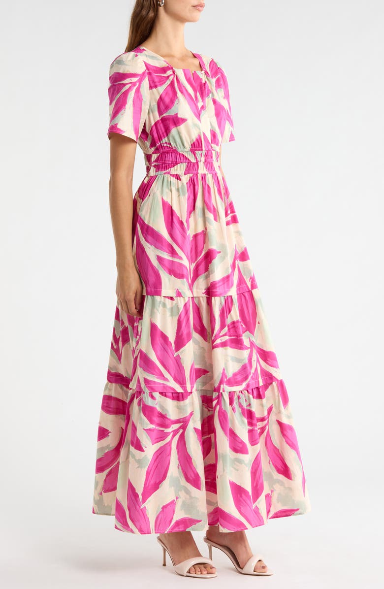 MELLODAY Short Sleeve Tiered Maxi Dress, Alternate, color, Bone Rose Violet Leaf