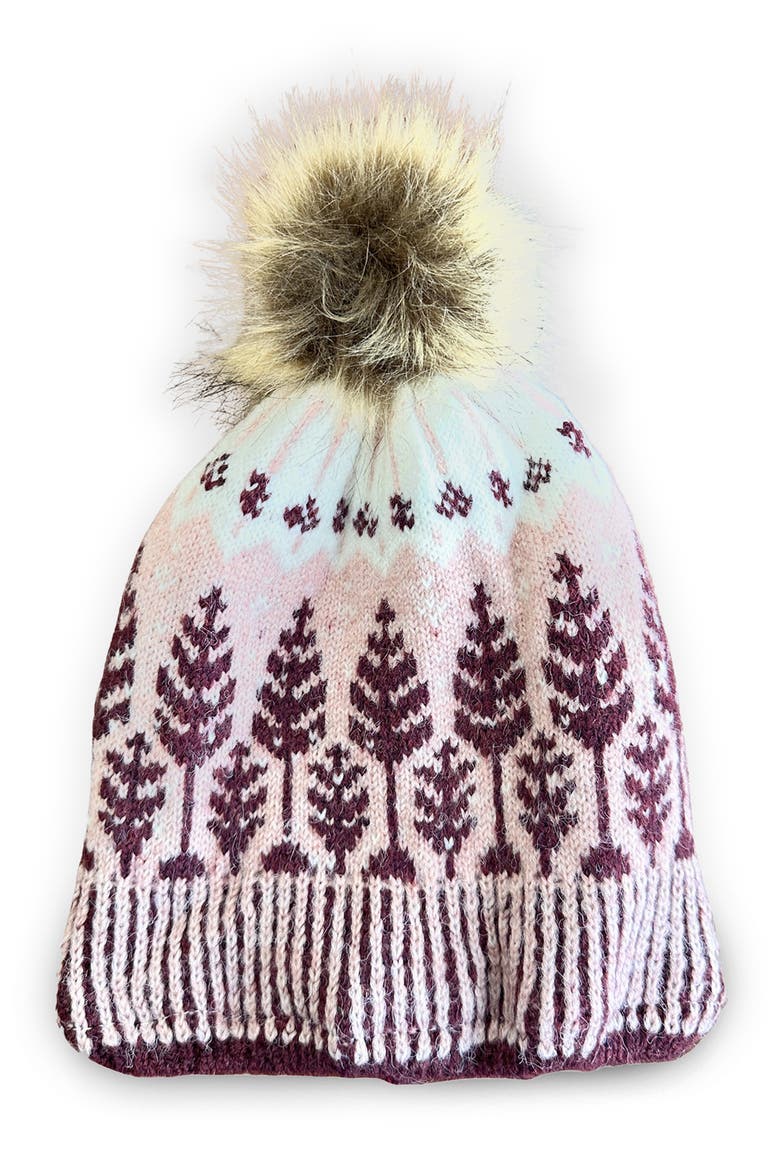 Fair Isle Faux Fur Pompom Beanie, Main, color, PINK