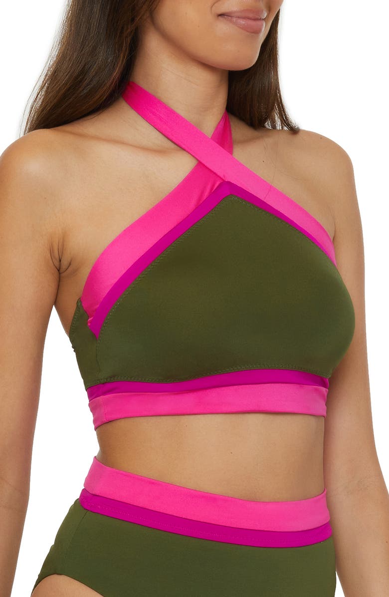 Trina Turk Colorblock Halter Neck Bikini Top, Alternate, color, Olive Multi