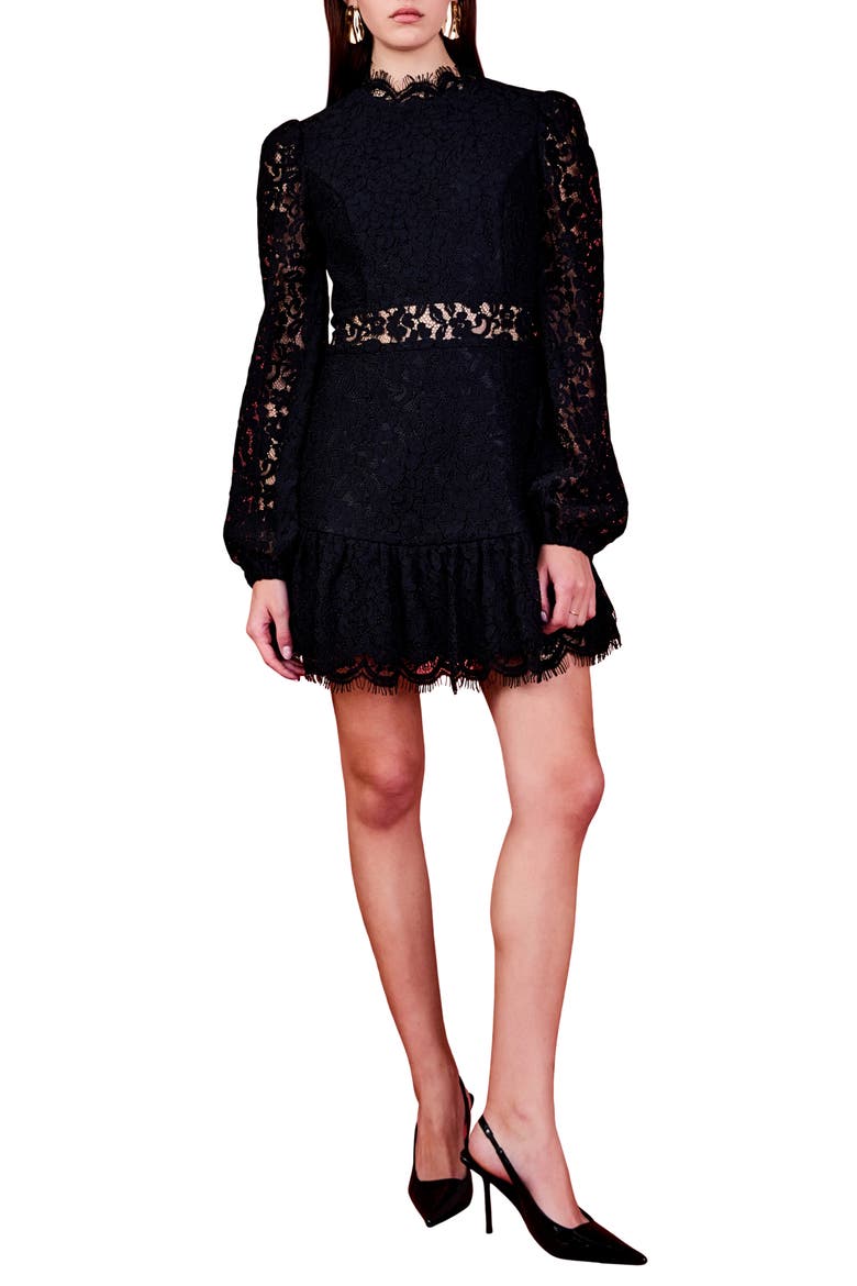 Lace Cutout Long Sleeve Minidress, Main, color, BLACK