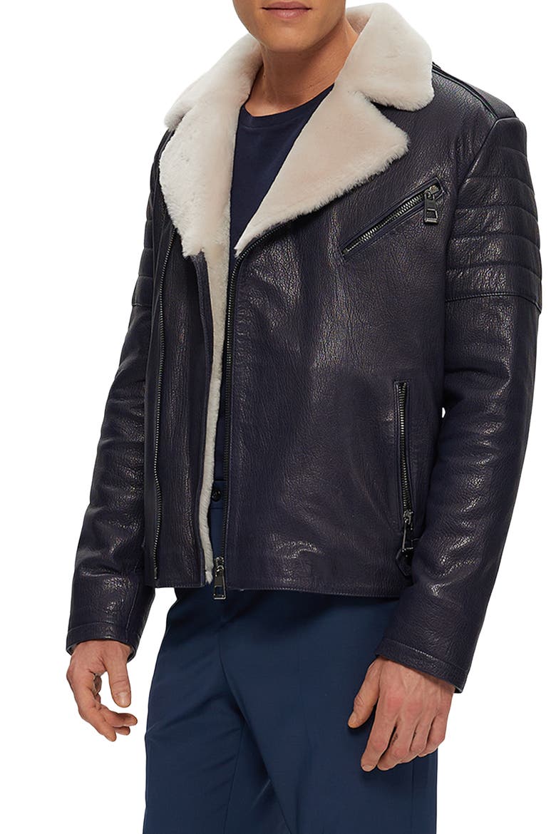 Mens Nappa Moto Jacket with Genuine Shearling, Alternate, color, NAVY/BEIGE