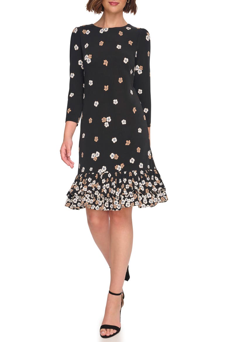 Floral Ruffle Hem Shift Dress, Main, color, BLACK/ CREAM