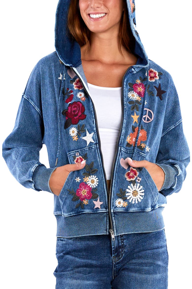 Camp Peace Floral Embroidered Denim Hoodie, Alternate, color, DENIM