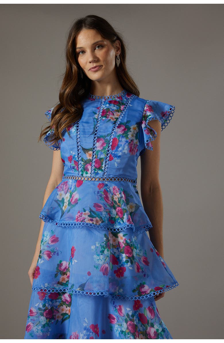 Coast Lace Trim Tiered Organza Midi Dress, Alternate, color, Blue