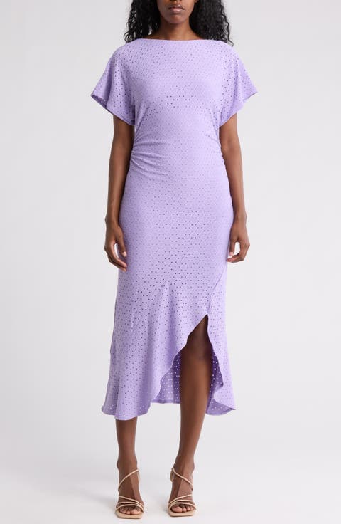Eyelet Short Sleeve Tulip Hem Midi Dress