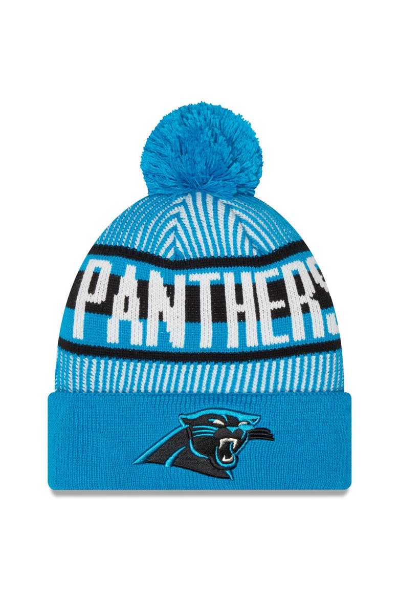 Men's New Era Blue Carolina Panthers Striped Cuffed Knit Hat with Pom, Main, color, Blue