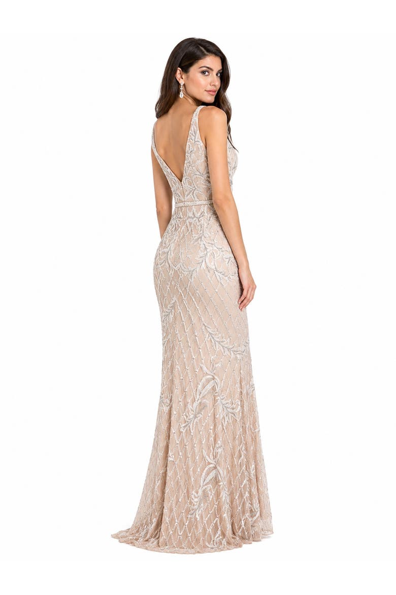 Beaded Faux-Wrap V-Neck Bridal Gown, Alternate, color, Nude/Ivory