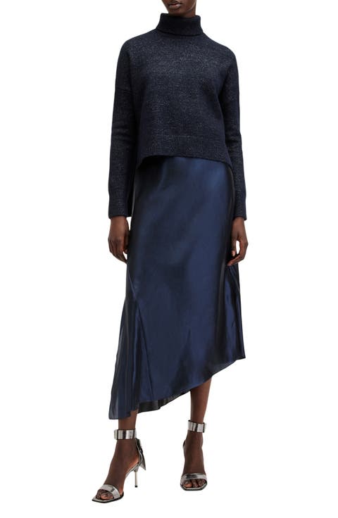 Amos Asymmetric Satin Slipdress and Sparkle Sweater Set