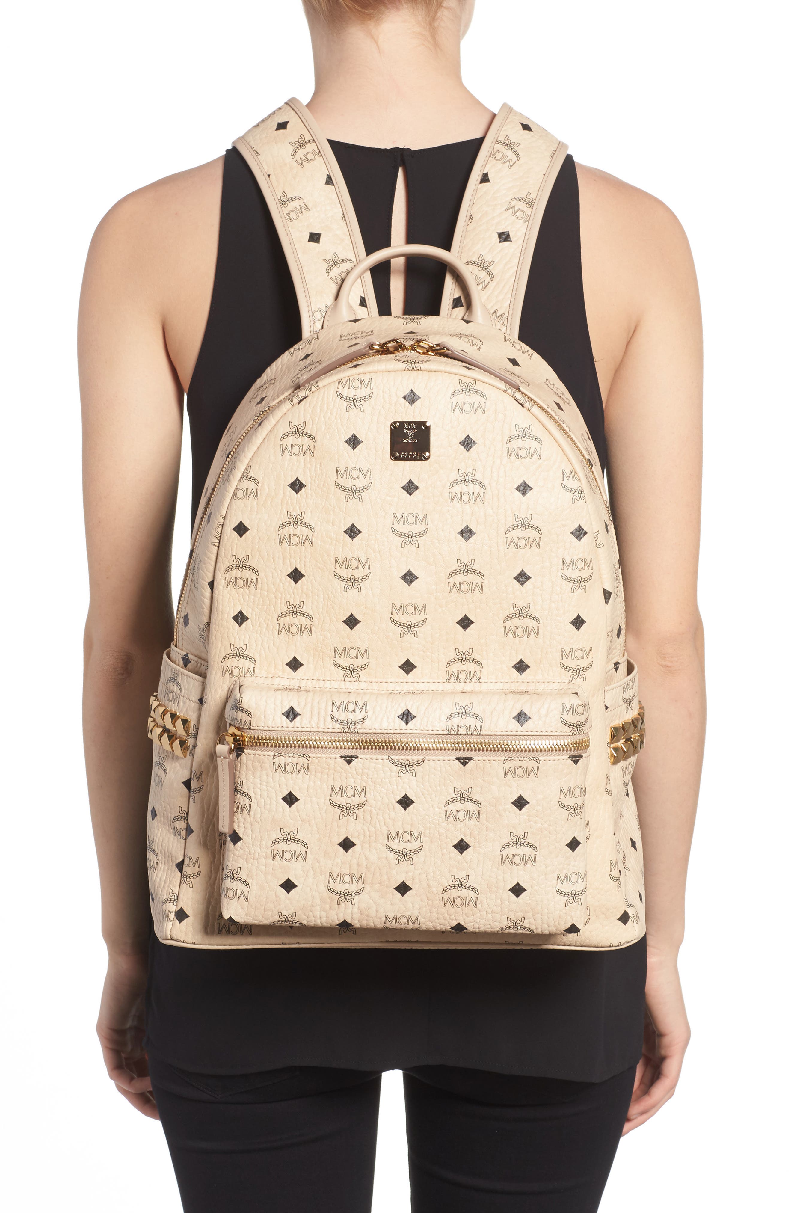 MCM Medium Stark Visetos Studded Backpack, Alternate, color, 