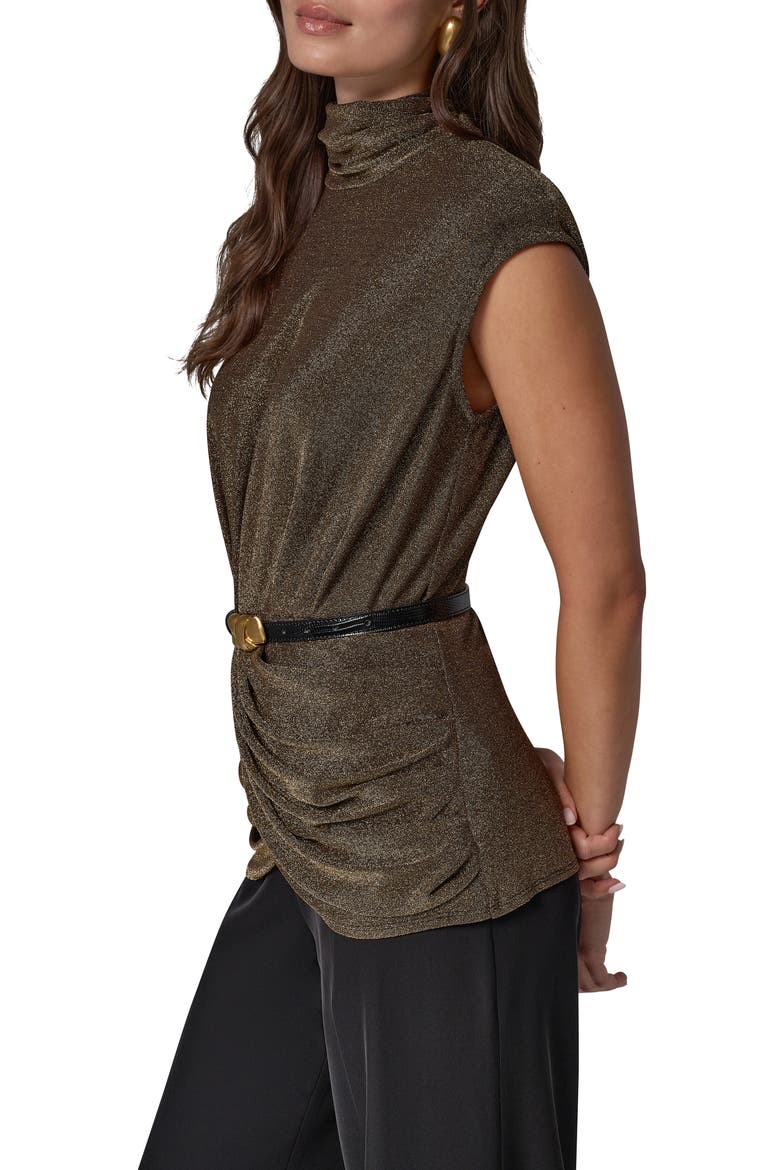 Metallic Mock Neck Top with Belt, Alternate, color, BLACK/ GOLD