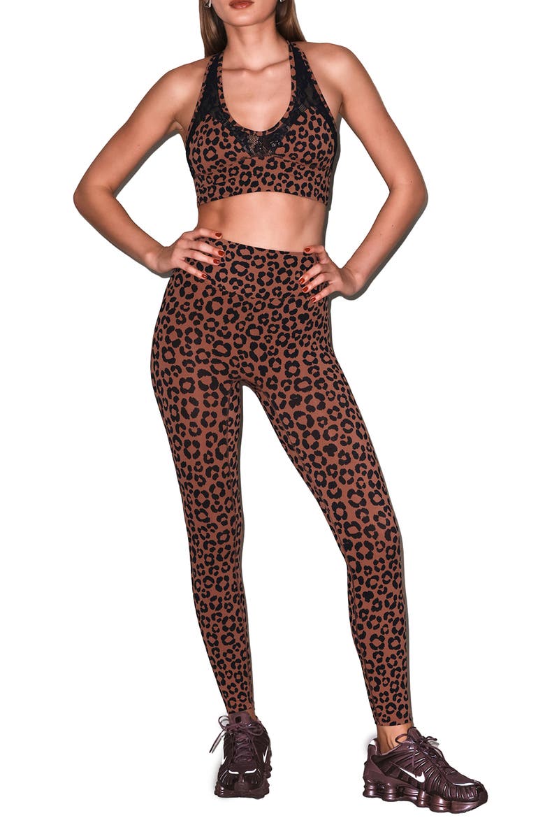 Le Stretch Lace Sports Bra, Main, color, Neautral Leopard