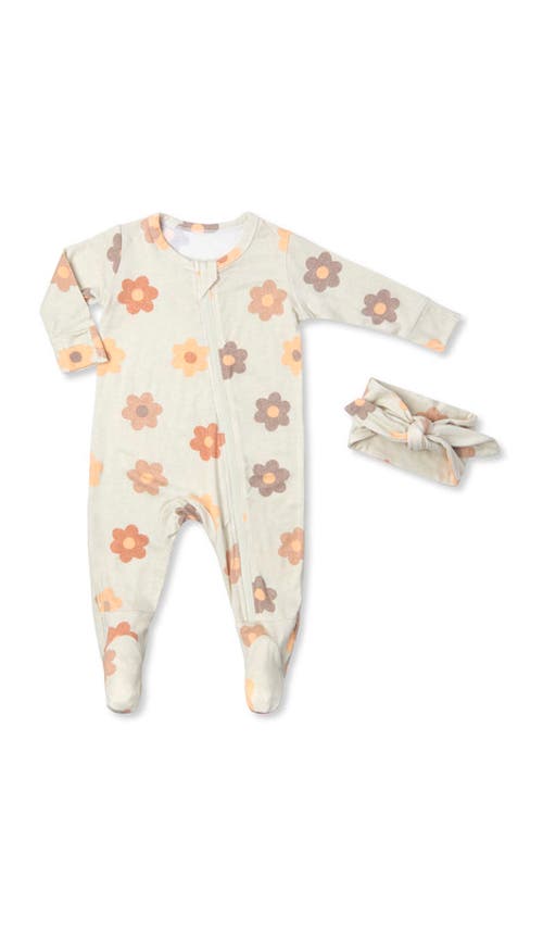 Everly Grey Jersey Long Sleeve Footie & Head Wrap Set In White
