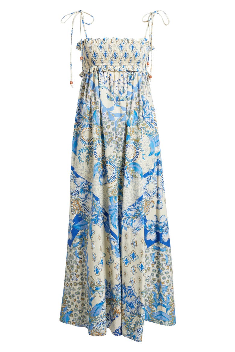Print Smocked Bodice Tie Shoulder Maxi Dress, Alternate, color, WHITE/ BLUE