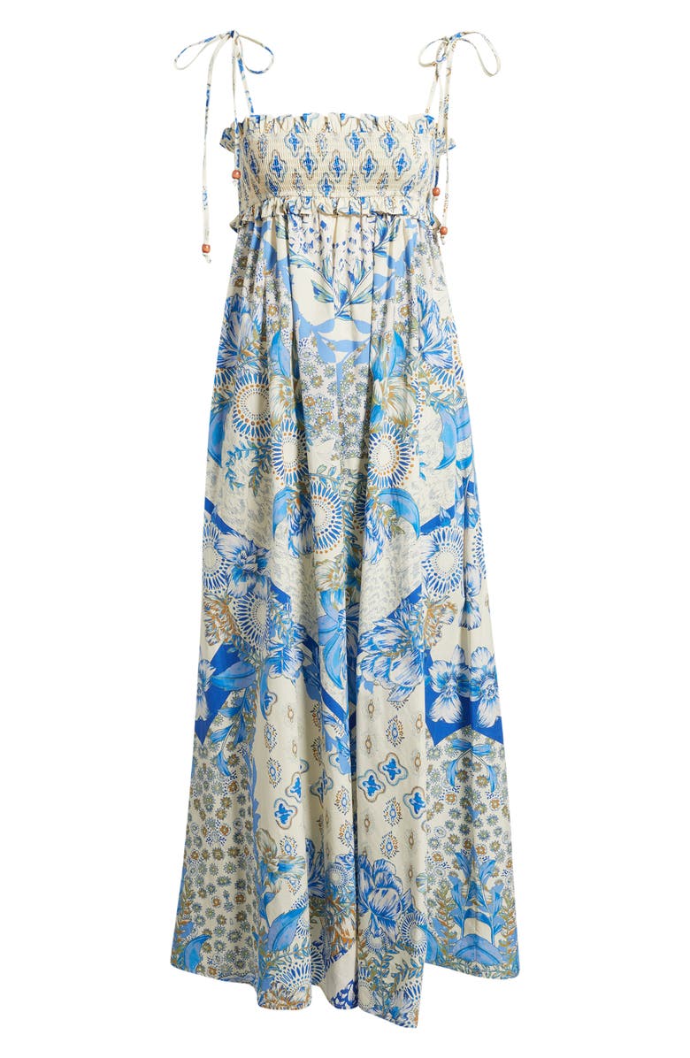 FLYING TOMATO Print Smocked Bodice Tie Shoulder Maxi Dress, Alternate, color, White/ Blue