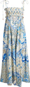 FLYING TOMATO Print Smocked Bodice Tie Shoulder Maxi Dress