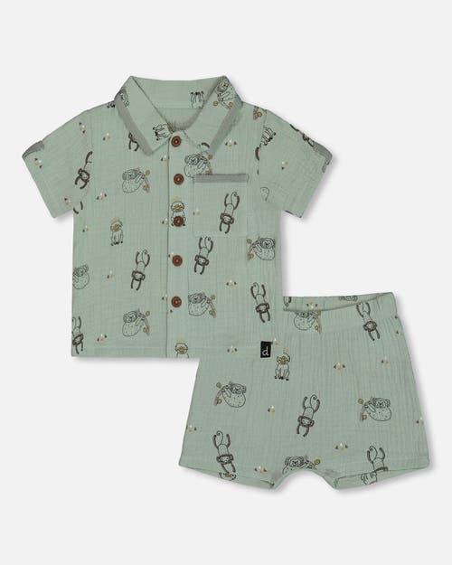 DEUX PAR DEUX DEUX PAR DEUX BABY BOY'S PRINTED MUSLIN SHIRT AND SHORT SET SAGE MONKEY 