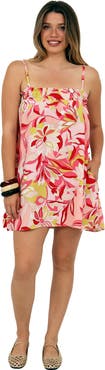 24seven Comfort Apparel Womens Essential Floral Print Spaghetti Strap Smocked A-Line Pocket Mini Dress