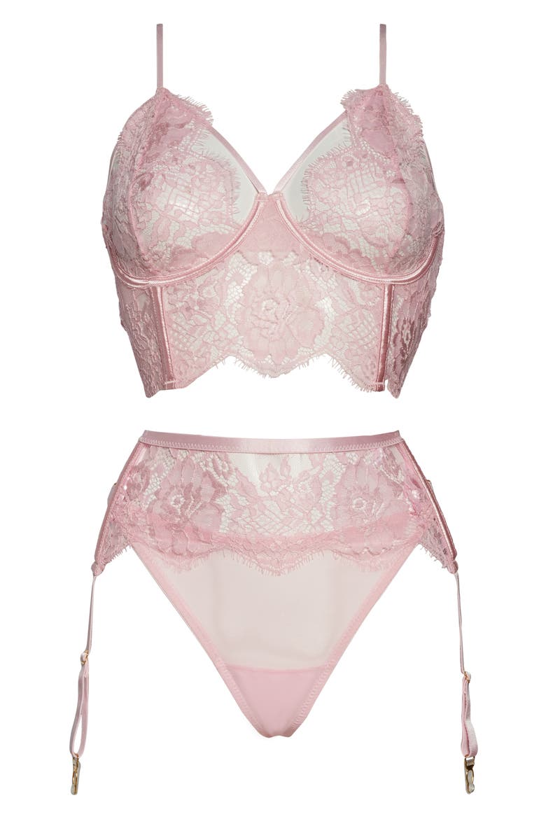 Lace Longline Underwire Bra, Garter Belt & Thong Set, Alternate, color, PINK