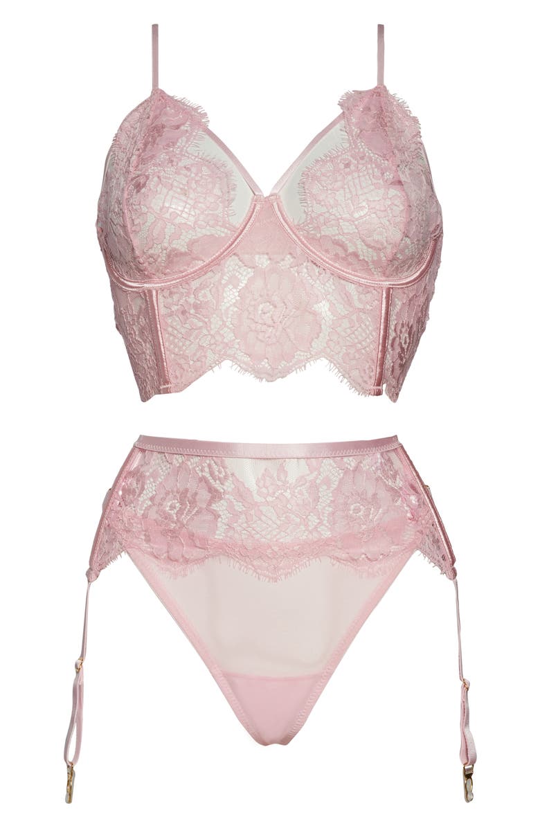 Coquette Lace Longline Underwire Bra, Garter Belt & Thong Set, Alternate, color, Pink