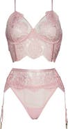 Coquette Lace Longline Underwire Bra, Garter Belt & Thong Set