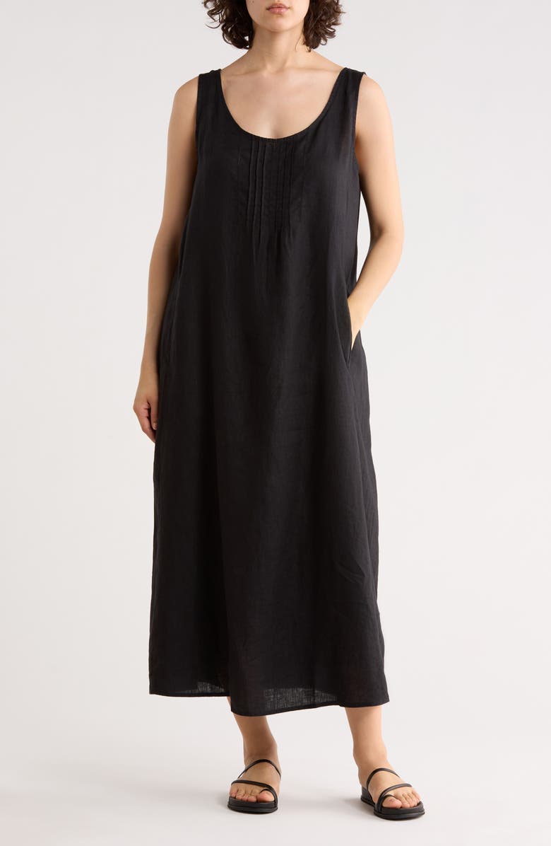 Eileen Fisher Pintuck Sleeveless Organic Linen Dress, Main, color, Black