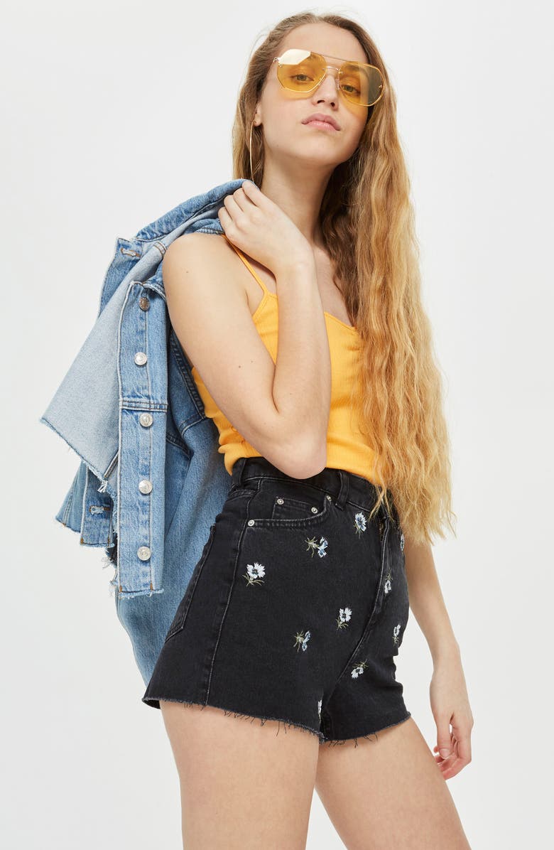 Topshop Floral Embroidered Mom Shorts, Alternate, color,