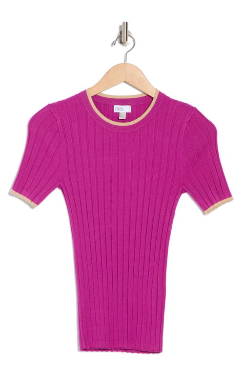 Nordstrom Rack Tipped Short Sleeve Ribbed Sweater In Pink Wild Aster- Tan Tipping