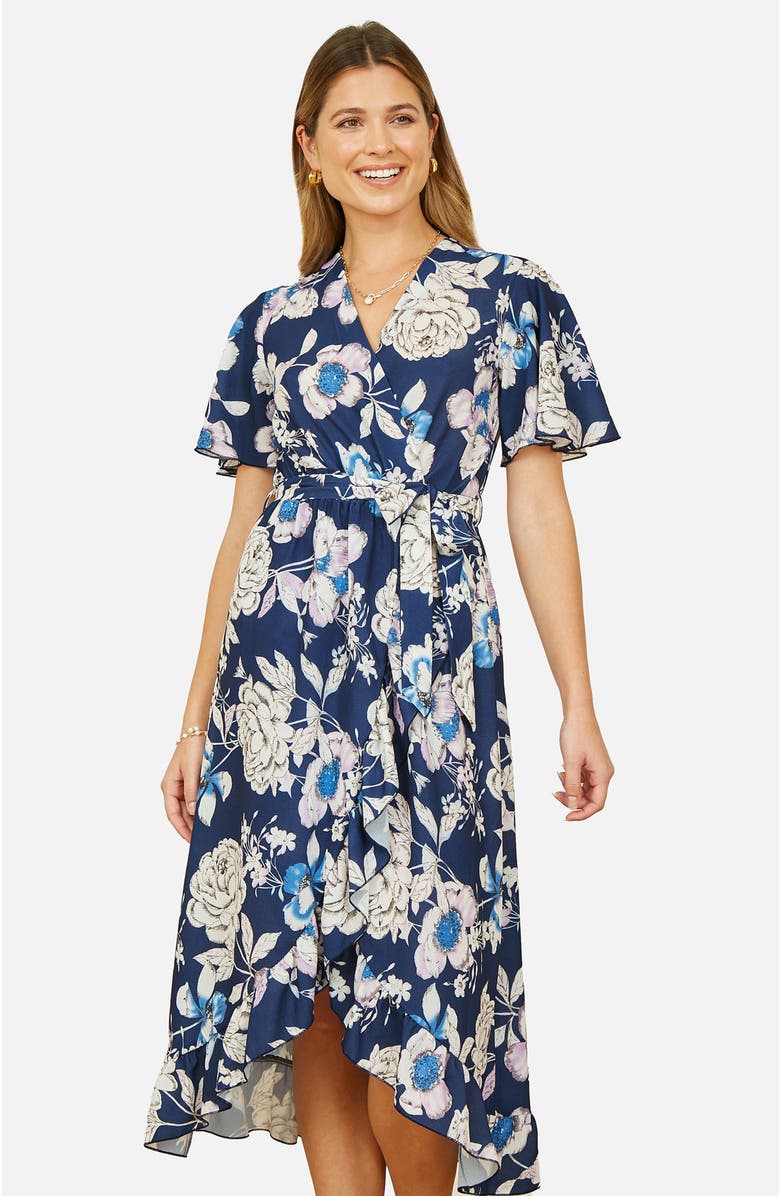 Yumi Floral Midi Wrap Dress, Alternate, color, Navy