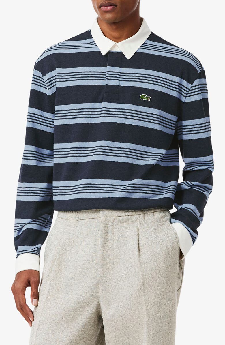 Lacoste Stripe Long Sleeve Rugby Polo, Main, color, Aphylla Chine/ Blackbird