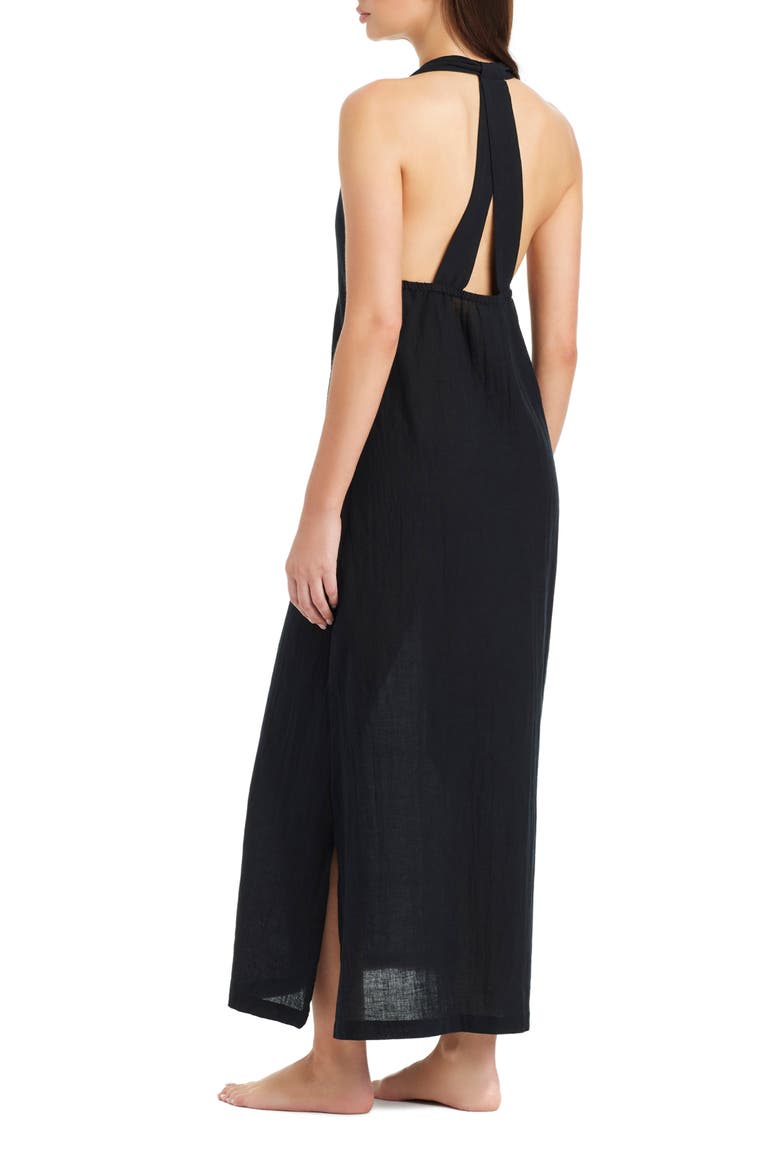 Twist Neck Cotton & Linen Cover-Up Dress, Alternate, color, BLACK