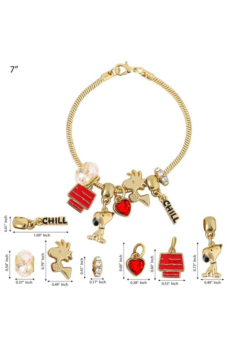 Woodstock and Snoopy Charm Bracelet for Women Official License, 7", Alternate, color, Metallic Gold