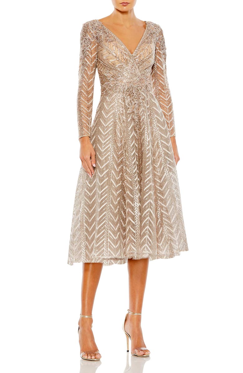 Mac Duggal Embellished Long Sleeve Wrap Over Dress, Main, color, Taupe