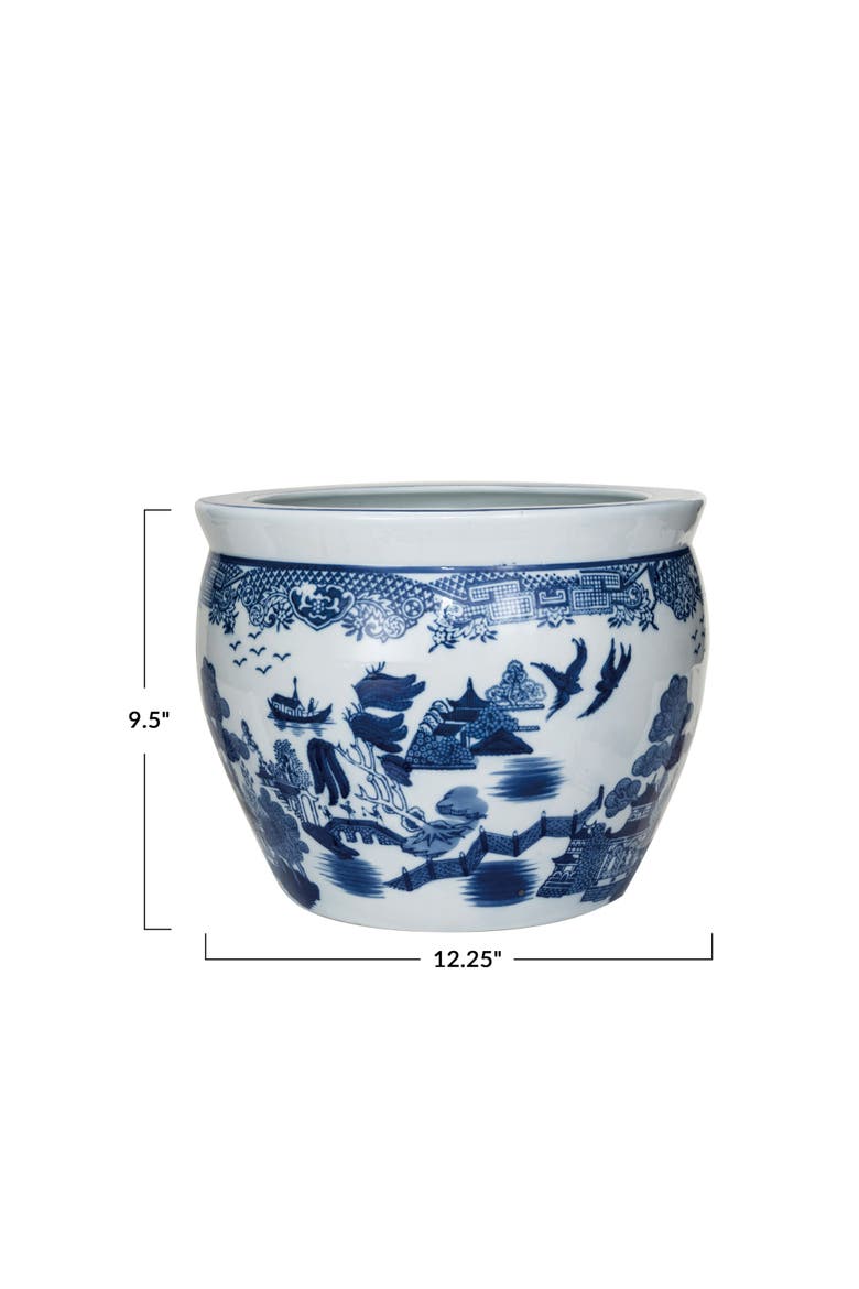 Hand-Painted Stoneware Planter, Blue and White, Alternate, color, Blue